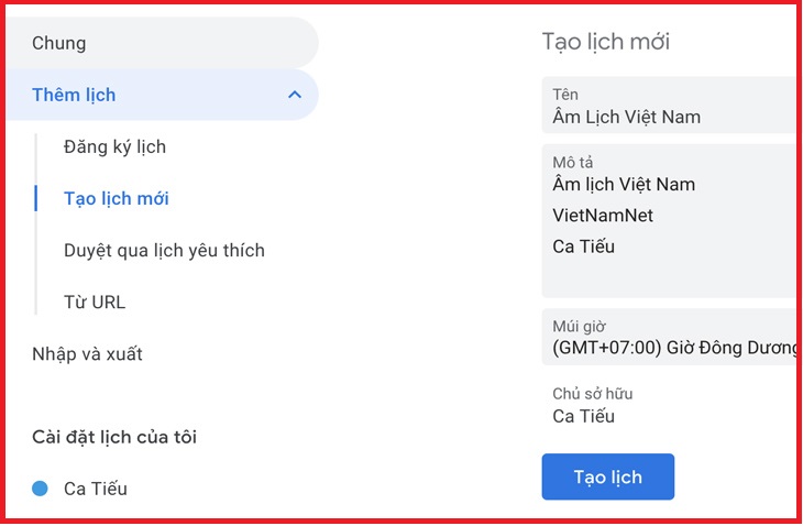 Bước 5: Nhấp vào trình đơn thả xuống Thêm lịch và chọn tùy chọn Tạo lịch mới.