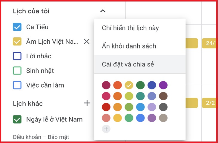     Bước 1: Nhấp vào nút ba chấm bên cạnh tên lịch bạn muốn xóa