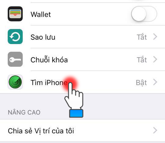 Tiếp tục chọn Find My iPhone