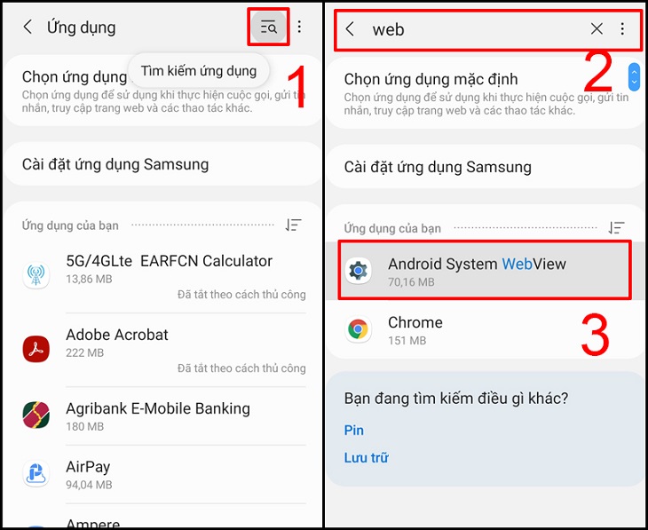 Chọn ứng dụng WebView của hệ thống Android