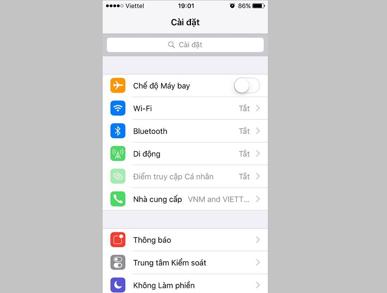 Thanh tìm kiếm trong cài đặt của iOS