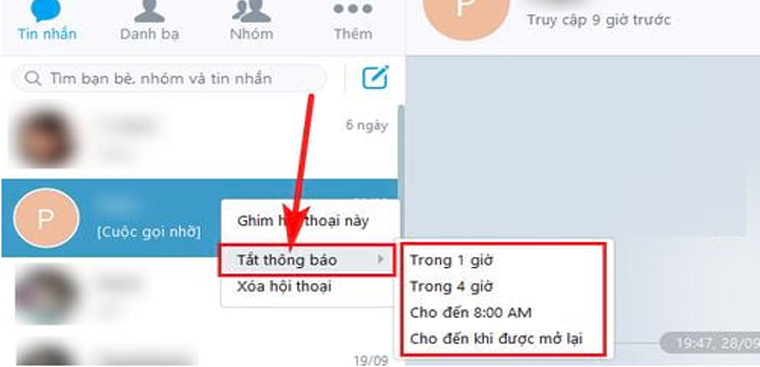 Bước 2: Nhấp chuột phải vào cơ thể của bạn để tắt thông báo tin nhắn, sau đó chọn tùy chọn theo thời gian bạn muốn tắt 