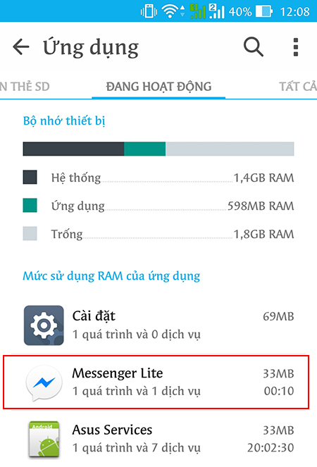 Đây là dung lượng RAM ngốn khi sử dụng Facebook Messenger Lite của RAM (RAM chỉ khoảng 33MB).