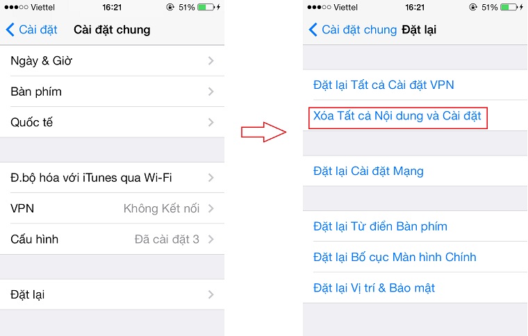 Xoá tất cả nội dung và cài đặt