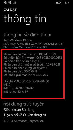 Kiểm tra thông tin thiết bị trên điện thoại Q-SMART DREAM W473